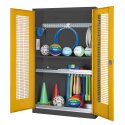 C+P HxWxD 195x120x50 cm, with Perforated Metal Double Doors Modular sports equipment cabinet Traffic Yellow (RAL 1023), Anthracite (RAL 7021), Keyed to differ, Handle