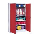 C+P with metal double doors (type 2), HxWxD 195x120x50 cm Equipment Cupboard Ruby red (RAL 3003), Ergo-Lock recessed handle, Light grey (RAL 7035), Keyed to differ, Ruby red (RAL 3003), Light grey (RAL 7035), Keyed to differ, Ergo-Lock recessed handle
