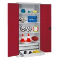 C+P with Drawers and Sheet Metal Double Doors (type 4), H×W×D 195×120×50 cm Equipment Cupboard Ruby red (RAL 3003), Light grey (RAL 7035), Keyed to differ, Ergo-Lock recessed handle