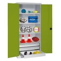 C+P with Drawers and Sheet Metal Double Doors (type 4), H×W×D 195×120×50 cm Equipment Cupboard Clown Green (RAL 110 80 60), Light grey (RAL 7035), Keyed to differ, Ergo-Lock recessed handle