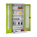 C+P with Drawers and Perforated Double Doors, H×W×D 195×120×50 cm Equipment Cupboard Clown Green (RAL 110 80 60), Light grey (RAL 7035), Keyed to differ, Ergo-Lock recessed handle