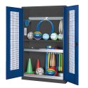 C+P HxWxD 195x120x50 cm, with Perforated Metal Double Doors Modular sports equipment cabinet Gentian blue (RAL 5010), Anthracite (RAL 7021), Keyed to differ, Ergo-Lock recessed handle