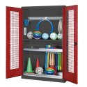 C+P HxWxD 195x120x50 cm, with Perforated Metal Double Doors Modular sports equipment cabinet Ruby red (RAL 3003), Anthracite (RAL 7021), Keyed to differ, Ergo-Lock recessed handle