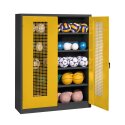 C+P HxWxD 195x150x50 cm, with Perforated Metal Double Doors (type 3) Ball Cabinet Traffic Yellow (RAL 1023), Anthracite (RAL 7021), Keyed alike, Handle