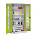 C+P with Drawers and Perforated Double Doors, H×W×D 195×120×50 cm Equipment Cupboard Clown Green (RAL 110 80 60), Light grey (RAL 7035), Keyed alike, Handle