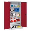 C+P with Drawers and Sheet Metal Double Doors (type 4), H×W×D 195×120×50 cm Equipment Cupboard Ruby red (RAL 3003), Light grey (RAL 7035), Keyed alike, Ergo-Lock recessed handle