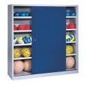 C+P HxWxD 195x120x50 cm, with Sheet Metal Sliding Doors (type 4) Ball Cabinet Gentian blue (RAL 5010), Light grey (RAL 7035), Keyed alike