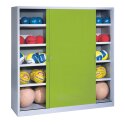 C+P HxWxD 195x120x50 cm, with Sheet Metal Sliding Doors (type 4) Ball Cabinet Clown Green (RAL 110 80 60), Light grey (RAL 7035), Keyed alike