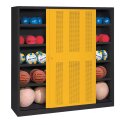 C+P HxWxD 195x190x60 cm, with Perforated Sheet Sliding Doors (type 4) Ball Cabinet Traffic Yellow (RAL 1023), Anthracite (RAL 7021), Keyed alike