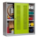 C+P with Perforated Sheet Sliding Doors (type 5), HxWxD 195x190x60 cm Equipment Cupboard Clown Green (RAL 110 80 60), Light grey (RAL 7035), Keyed alike