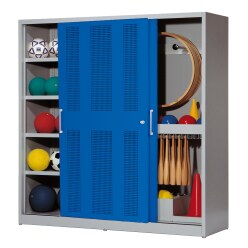 C+P with Perforated Sheet Sliding Doors (type 5), HxWxD 195x190x60 cm Equipment Cupboard Gentian blue (RAL 5010), Anthracite (RAL 7021), Keyed to differ