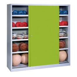 C+P HxWxD 195x120x50 cm, with Sheet Metal Sliding Doors (type 4) Ball Cabinet Traffic Yellow (RAL 1023), Anthracite (RAL 7021), Keyed alike