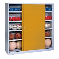 C+P HxWxD 195x120x50 cm, with Sheet Metal Sliding Doors (type 4) Ball Cabinet Traffic Yellow (RAL 1023), Anthracite (RAL 7021), Keyed alike