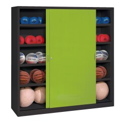 C+P HxWxD 195x120x50 cm, with Sheet Metal Sliding Doors (type 4) Ball Cabinet Traffic Yellow (RAL 1023), Anthracite (RAL 7021), Keyed alike