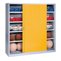 C+P HxWxD 195x120x50 cm, with Sheet Metal Sliding Doors (type 4) Ball Cabinet Traffic Yellow (RAL 1023), Anthracite (RAL 7021), Keyed alike