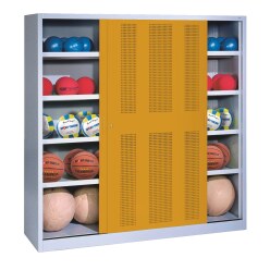 C+P HxWxD 195x120x50 cm, with Sheet Metal Sliding Doors (type 4) Ball Cabinet Traffic Yellow (RAL 1023), Anthracite (RAL 7021), Keyed alike