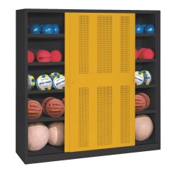 C+P HxWxD 195x120x50 cm, with Sheet Metal Sliding Doors (type 4) Ball Cabinet Traffic Yellow (RAL 1023), Anthracite (RAL 7021), Keyed alike