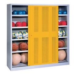 C+P HxWxD 195x120x50 cm, with Sheet Metal Sliding Doors (type 4) Ball Cabinet Traffic Yellow (RAL 1023), Anthracite (RAL 7021), Keyed alike