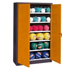 Ball Cabinet, HxWxD 195x93x40 cm, with Sheet Metal Double Doors (type 3) Yellow orange (RAL 2000), Anthracite (RAL 7021), Keyed alike