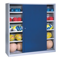 C+P HxWxD 195x120x50 cm, with Sheet Metal Sliding Doors (type 4) Ball Cabinet Gentian blue (RAL 5010), Light grey (RAL 7035), Keyed to differ