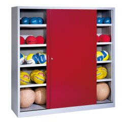 C+P HxWxD 195x120x50 cm, with Sheet Metal Sliding Doors (type 4) Ball Cabinet Ruby red (RAL 3003), Light grey (RAL 7035), Keyed to differ
