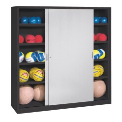 C+P HxWxD 195x120x50 cm, with Sheet Metal Sliding Doors (type 4) Ball Cabinet Light grey (RAL 7035), Anthracite (RAL 7021), Keyed to differ