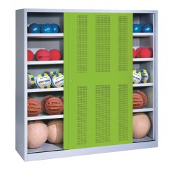 C+P HxWxD 195x120x50 cm, with Sheet Metal Sliding Doors (type 4) Ball Cabinet Clown Green (RAL 110 80 60), Light grey (RAL 7035), Keyed alike