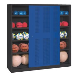 C+P HxWxD 195x120x50 cm, with Sheet Metal Sliding Doors (type 4) Ball Cabinet Gentian blue (RAL 5010), Light grey (RAL 7035), Keyed alike
