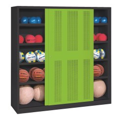 C+P HxWxD 195x120x50 cm, with Sheet Metal Sliding Doors (type 4) Ball Cabinet Clown Green (RAL 110 80 60), Anthracite (RAL 7021), Keyed alike