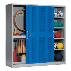 C+P with Perforated Sheet Sliding Doors (type 5), HxWxD 195x190x60 cm Equipment Cupboard Gentian blue (RAL 5010), Anthracite (RAL 7021), Keyed to differ