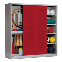 C+P with Perforated Sheet Sliding Doors (type 5), HxWxD 195x190x60 cm Equipment Cupboard Ruby red (RAL 3003), Anthracite (RAL 7021), Keyed to differ